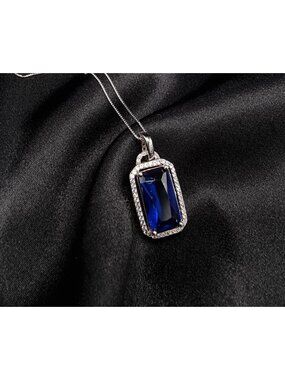 BBJ China 925 Sterling Silver Necklace With Lab-Created Blue Spinel Pendant & CZ